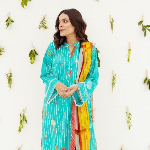 3-piece unstitched printed lawn shirt with embroidery with chiffon dupatta and dyed pants