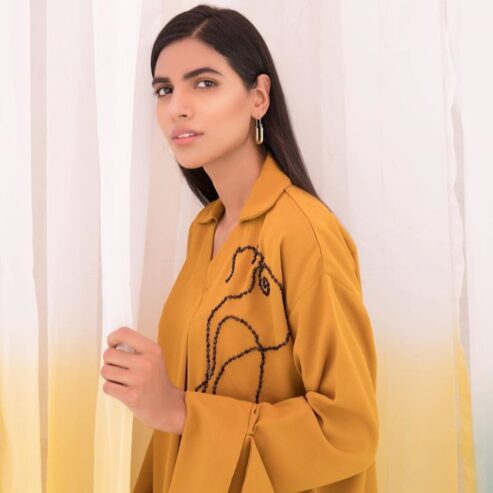 Embroidered chiffon shirt with contemporary cutline with flat shirt collar and pleated detail on front