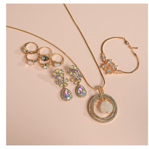 Diamante Bracelet-Rhinestone Necklace-Flower Earrings-Multi Pack Rings