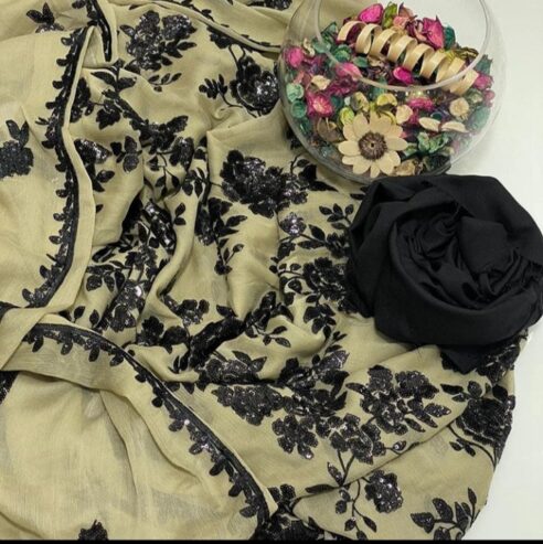 Chiffon Chilmil Sitara Work Shirt With Black Grip Trouser Along With Embroided Chiffon Duppata 3 Pcs Dress .