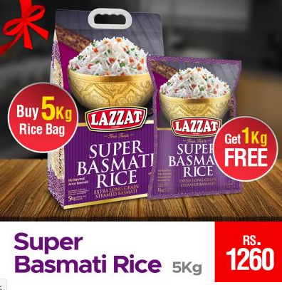Get 1 Kg Bag Free with Lazzat Basmati Rice 5 Kg Bag