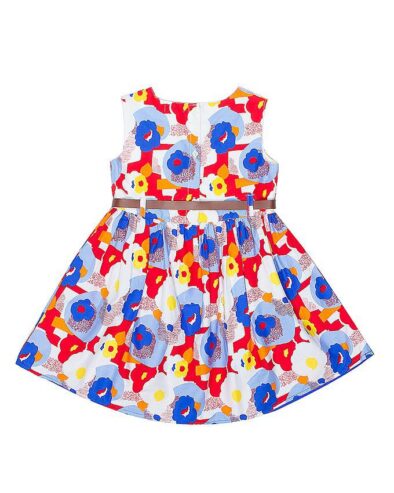 Brands 4 Kids Multi Color Cotton Printed Frock With Brown Belt For Girls
