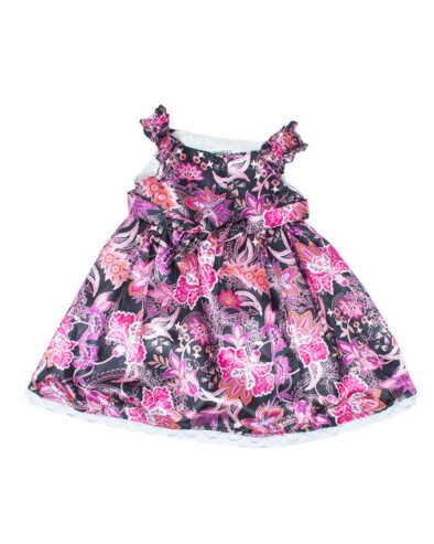 Brands 4 Kids Black And Pink Satin Printed Frock With Quraishi Lace For Girls